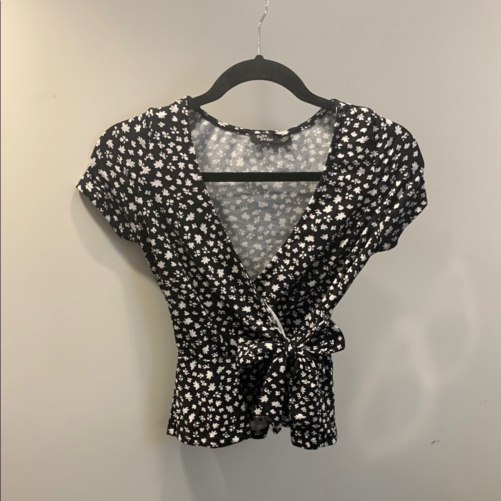 Rebel Sugar Floral Black Faux Wrap Top